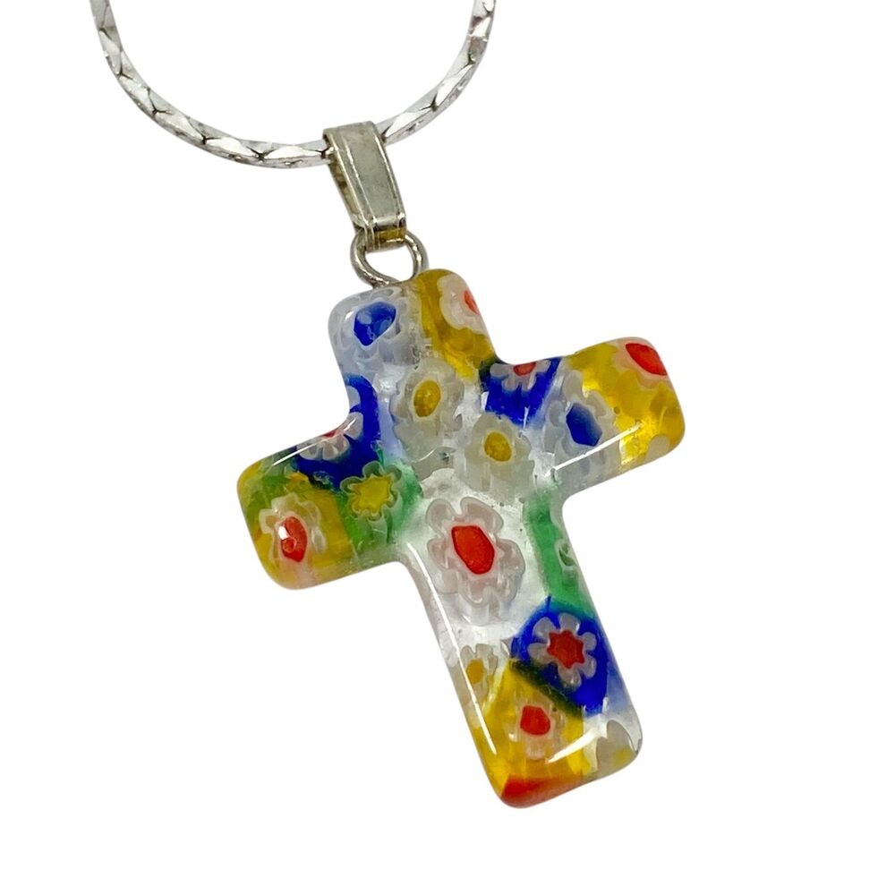 Vintage Murano Millefiori Art Glass Cross Pendant Necklace Multicolor Flowers B